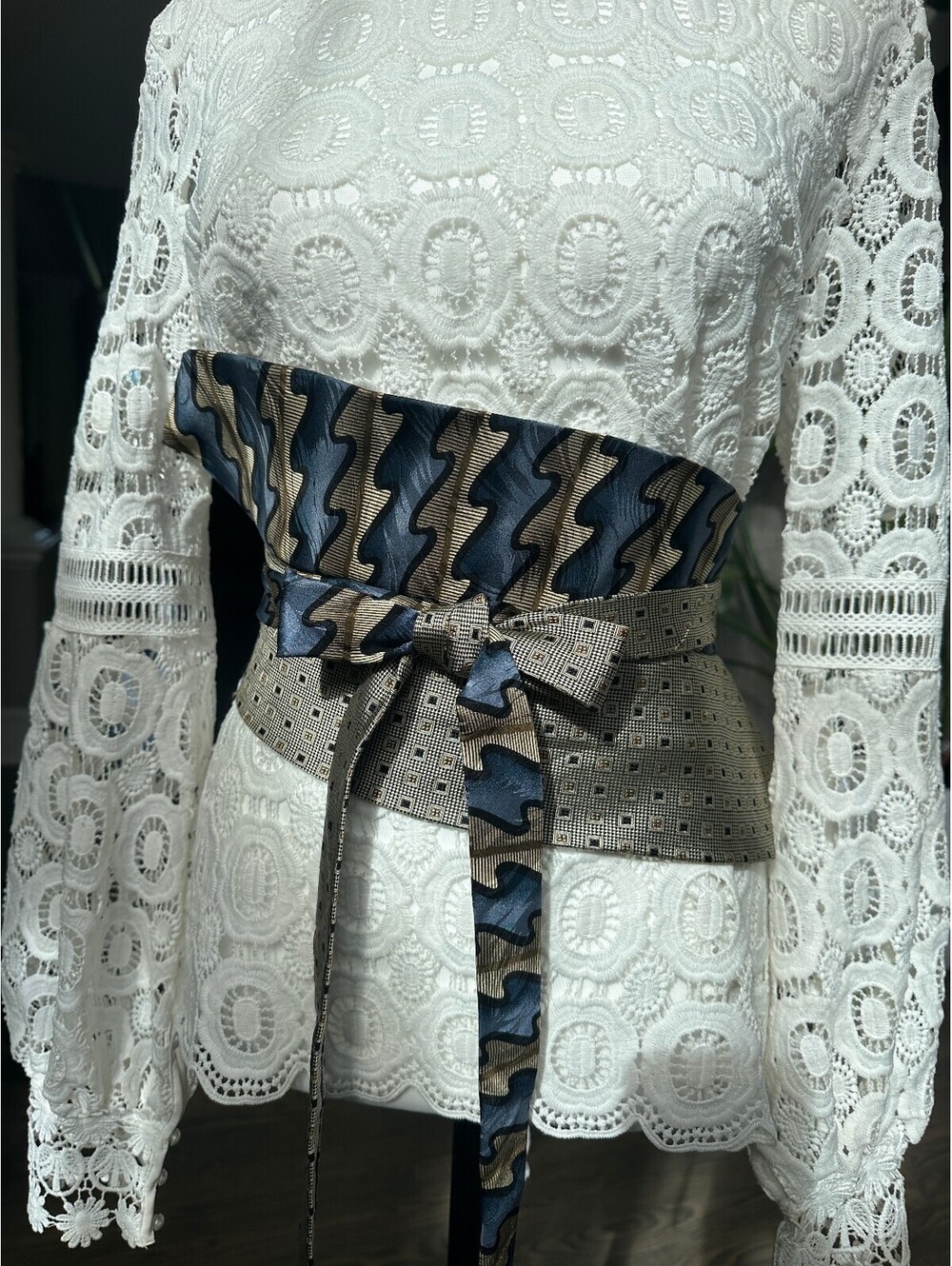 Upcycled Taupe & Navy Silk Corset Style Obi Tie Waist Belt | OOAK | OS